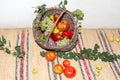 Wicker basket with fruits and vegetables. Royalty Free Stock Photo