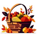 Wicker basket full of autumn leaves and fruits. Vector illustration. generative AI Royalty Free Stock Photo