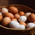 Wicker basket full of brown and white organic eggs. Royalty Free Stock Photo