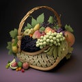 Wicker basket full of fresh fruits and vegetables. 3d render Royalty Free Stock Photo