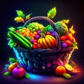 A wicker basket full of fresh fruits and vegetables on a dark background Generative AI Royalty Free Stock Photo