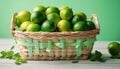 Wicker basket full of fresh limes.