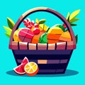 Wicker basket full of fruits and vegetables. Vector illustration in cartoon style AI Generated Royalty Free Stock Photo