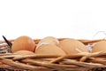 A wicker basket full of homemade organic eggs isolated on white Royalty Free Stock Photo