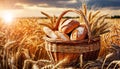 Wicker Basket Full of Loaves of Bread in a Wheat Field - Generative Ai