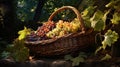 Wicker basket with grapes on the background of vineyards. Created with Generative Ai technology Royalty Free Stock Photo