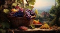 Wicker basket with grapes on the background of vineyards. Created with Generative Ai technology Royalty Free Stock Photo