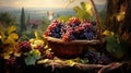 Wicker basket with grapes on the background of vineyards. Created with Generative Ai technology Royalty Free Stock Photo