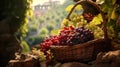 Wicker basket with grapes on the background of vineyards. Created with Generative Ai technology Royalty Free Stock Photo