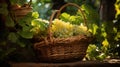 Wicker basket with grapes on the background of vineyards. Created with Generative Ai technology Royalty Free Stock Photo