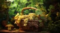 Wicker basket with grapes on the background of vineyards. Created with Generative Ai technology Royalty Free Stock Photo