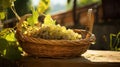 Wicker basket with grapes on the background of vineyards. Created with Generative Ai technology Royalty Free Stock Photo