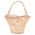 Wicker basket with handle. Watercolor template illustration of rustic vintage empty container, straw picnic bag