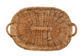 Wicker basket with handles on the sides in the shape of a rectangle, flat top view, isolated on a white background with a clipping