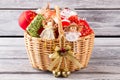 Wicker basket with handmade Christmas ornaments. Royalty Free Stock Photo