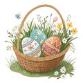 Decorated Easter eggs in a wicker basket with spring flowers and grass Royalty Free Stock Photo