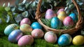 A colorful assortment of painted Easter eggs, a traditional holiday symbol of spring, nestled in a green Royalty Free Stock Photo