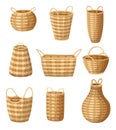 Wicker basket icon set. Collection of containers hand woven. Decorative accessories for storage or carrying. Empty straw Royalty Free Stock Photo