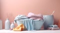 Wicker basket with laundry close-up. Washday Royalty Free Stock Photo