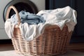 Wicker basket with laundry close-up. Washday Royalty Free Stock Photo