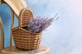 Wicker basket with lavender flowers on chair Royalty Free Stock Photo