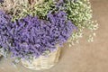 In a wicker basket limonium gmelinii, statice or sea lavender flowers in lavender-blue and white colors in the garden shop