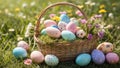 Wicker basket located in the grassy field filled with pastel-colored Easter eggs and flowers Royalty Free Stock Photo