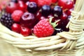 Wicker basket of mixed fresh ripe sweet berries Royalty Free Stock Photo