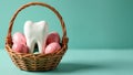 Wicker basket with model of human molar tooth surrounded by Easter painted eggs Royalty Free Stock Photo