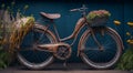 wicker basket on old bicycle, abstract blue background on world bicycle day Royalty Free Stock Photo