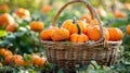 A wicker basket overflowing with freshly harvested pumpkins of various sizes, set in a pumpkin patch