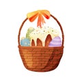 Wicker basket with paskha or Easter cake and eggs. Isolated vector icon.