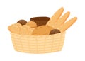 Wicker basket with pastry bread from wheat, whole grain and rye, bakery food, bun. Loaf, bread brick, toast bread