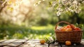 Wicker Basket Of Peaches In A Spring Orchard Setting Royalty Free Stock Photo