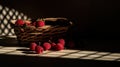 a wicker basket with raspberries on a table