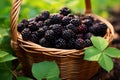 Wicker basket with ripe blackberries outdoors closeup. Generate Ai