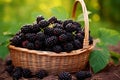 Wicker basket with ripe blackberries outdoors culture. Generate Ai