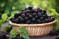 Wicker basket with ripe blackberries outdoors. Generate Ai