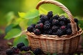 Wicker basket with ripe blackberries outdoors summer fruit. Generate Ai