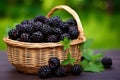 Wicker basket with ripe blackberries outdoors on table. Generate Ai