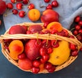 Wicker basket with seasonal summer fruits and berries. Ripe juicy nectarines apricots sweet cherries scattered on blue Royalty Free Stock Photo