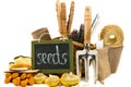 Wicker basket with seeds, gloves, garden rakes