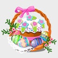 Wicker basket with set of colorful eastern eggs, flowers and Easter cake isolated on white background. Vector cartoon Royalty Free Stock Photo