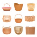 Wicker basket set, retro craft basketry collection with hampers for fruit and flowers Royalty Free Stock Photo