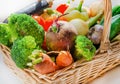 Wicker basket with a set of vegetables collected in the garden: broccoli, beets, carrots, tomatoes Royalty Free Stock Photo