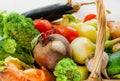 Wicker basket with a set of vegetables for Ukrainian borscht: beets, carrots, tomatoes Royalty Free Stock Photo