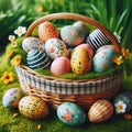 A wicker basket sits on green grass, filled with colorful Easter eggs. Royalty Free Stock Photo