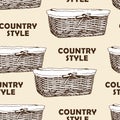 Wicker basket sketch vector seamless pattern, hand drawn square basket