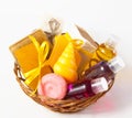 Wicker basket with soap, gel and other for bath and shower Royalty Free Stock Photo