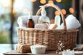 wicker basket with spa items like lotions and soaps as gifts